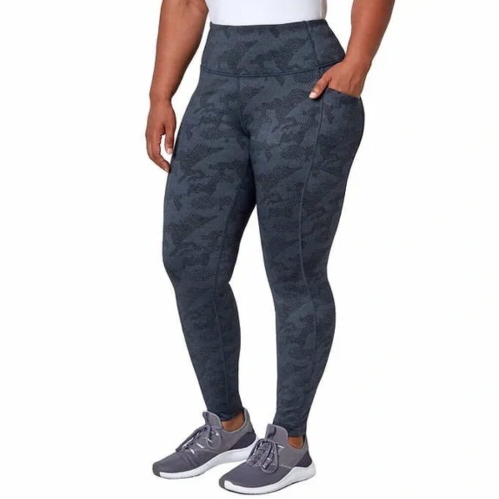 Mondetta High Waist Brushed Leggings in Patterned Blue with Pockets - Size XXL